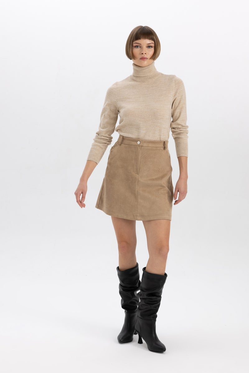 DeFacto Beige Woman A Cut Suede Normal Waist Mini Knitted Skirt Casual - Image 3